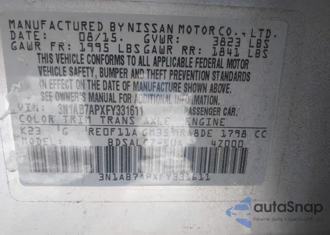 2015 Nissan Sentra S from USA, damaged, VIN 3N1AB7APXFY331611